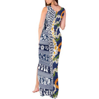 Hawaiian Plumeria Lei Tank Maxi Dress Kakau Motifs and Palaka Half Style Blue Color - Polynesian Pride