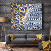 Hawaiian Plumeria Lei Tapestry Kakau Motifs and Palaka Half Style Blue Color LT03 Blue - Polynesian Pride