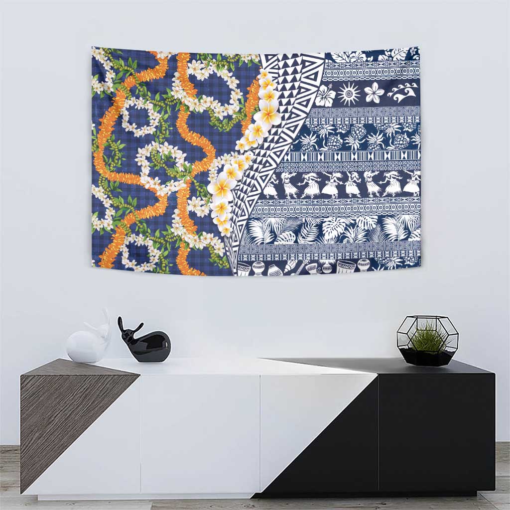 Hawaiian Plumeria Lei Tapestry Kakau Motifs and Palaka Half Style Blue Color LT03 - Polynesian Pride