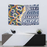 Hawaiian Plumeria Lei Tapestry Kakau Motifs and Palaka Half Style Blue Color LT03 - Polynesian Pride