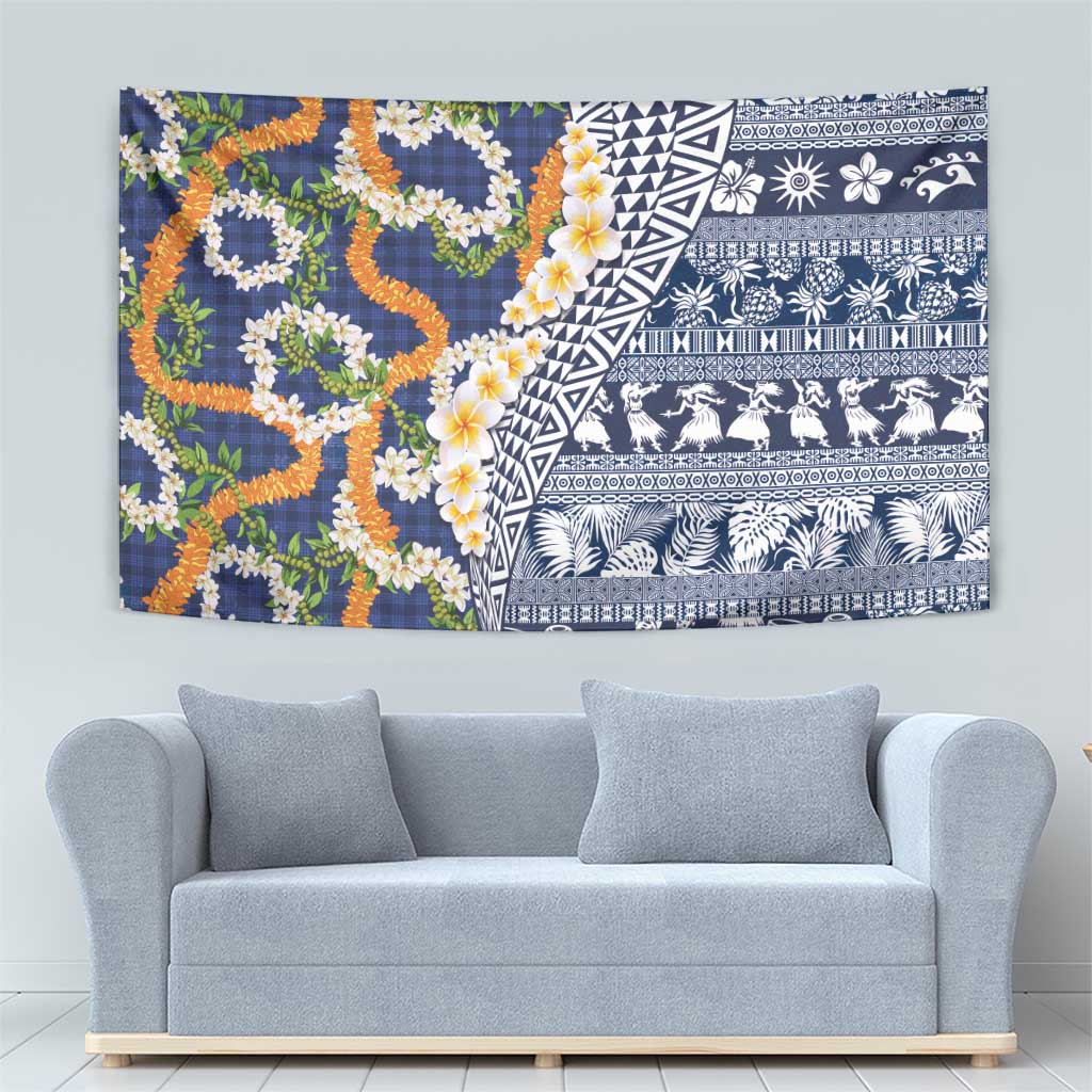 Hawaiian Plumeria Lei Tapestry Kakau Motifs and Palaka Half Style Blue Color LT03 - Polynesian Pride