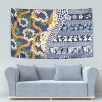 Hawaiian Plumeria Lei Tapestry Kakau Motifs and Palaka Half Style Blue Color LT03 - Polynesian Pride