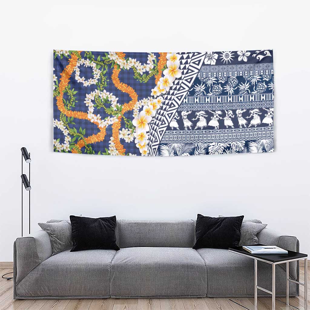 Hawaiian Plumeria Lei Tapestry Kakau Motifs and Palaka Half Style Blue Color LT03 - Polynesian Pride