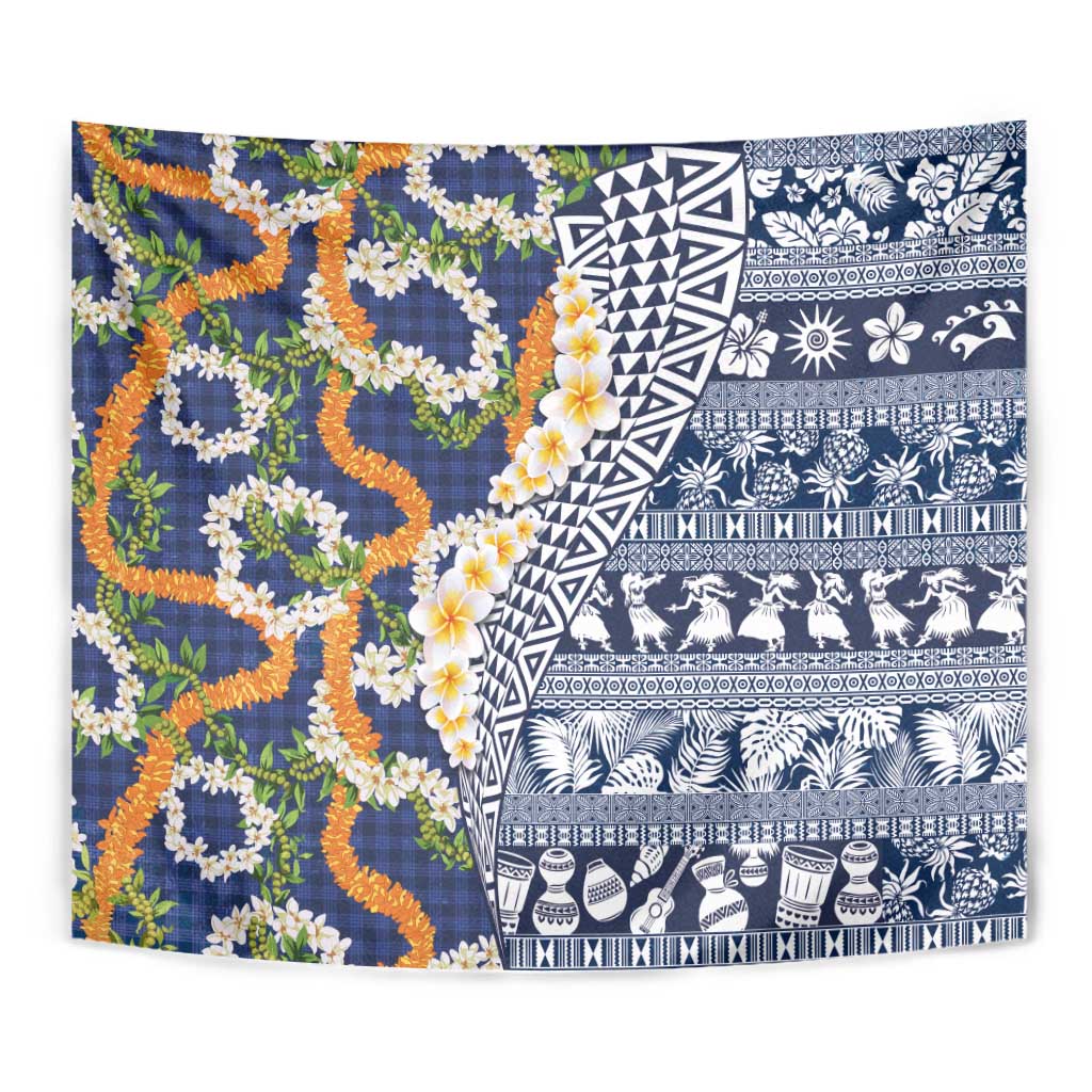 Hawaiian Plumeria Lei Tapestry Kakau Motifs and Palaka Half Style Blue Color LT03 - Polynesian Pride