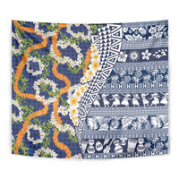 Hawaiian Plumeria Lei Tapestry Kakau Motifs and Palaka Half Style Blue Color LT03 - Polynesian Pride