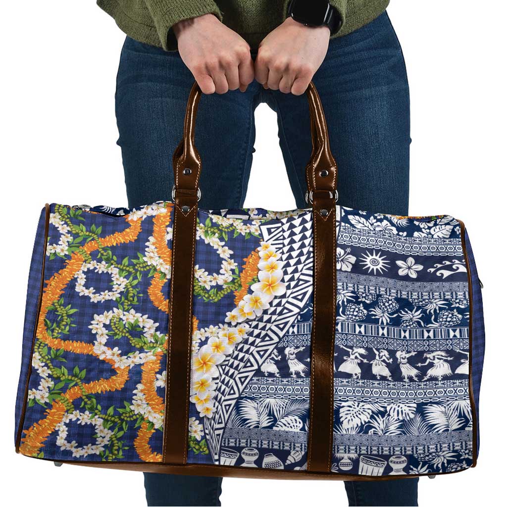Hawaiian Plumeria Lei Travel Bag Kakau Motifs and Palaka Half Style Blue Color - Polynesian Pride