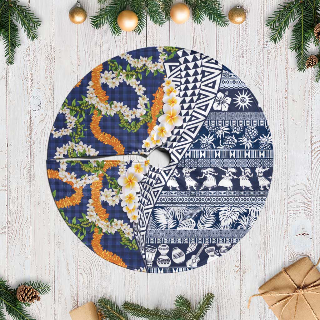 Hawaiian Plumeria Lei Tree Skirt Kakau Motifs and Palaka Half Style Blue Color - Polynesian Pride