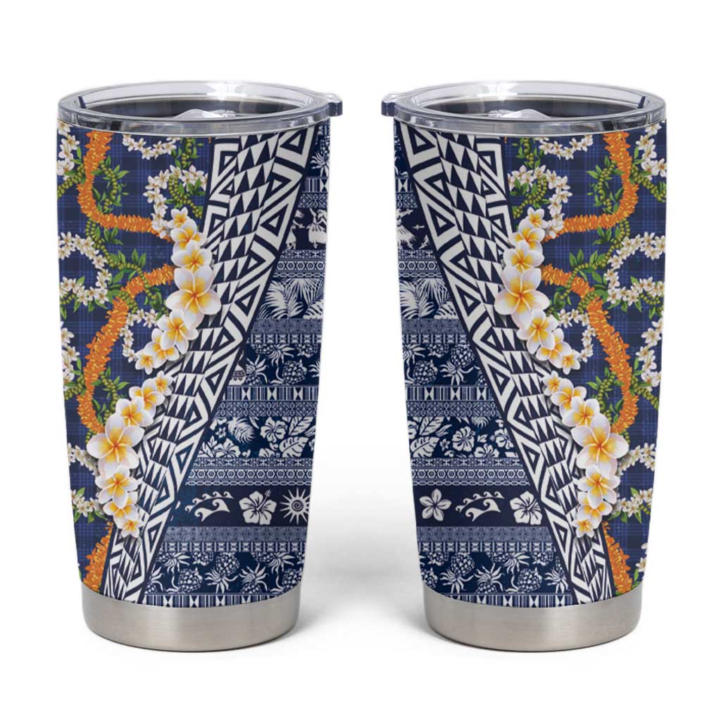 Hawaiian Plumeria Lei Tumbler Cup Kakau Motifs and Palaka Half Style Blue Color LT03 Blue - Polynesian Pride