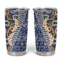Hawaiian Plumeria Lei Tumbler Cup Kakau Motifs and Palaka Half Style Blue Color LT03 Blue - Polynesian Pride