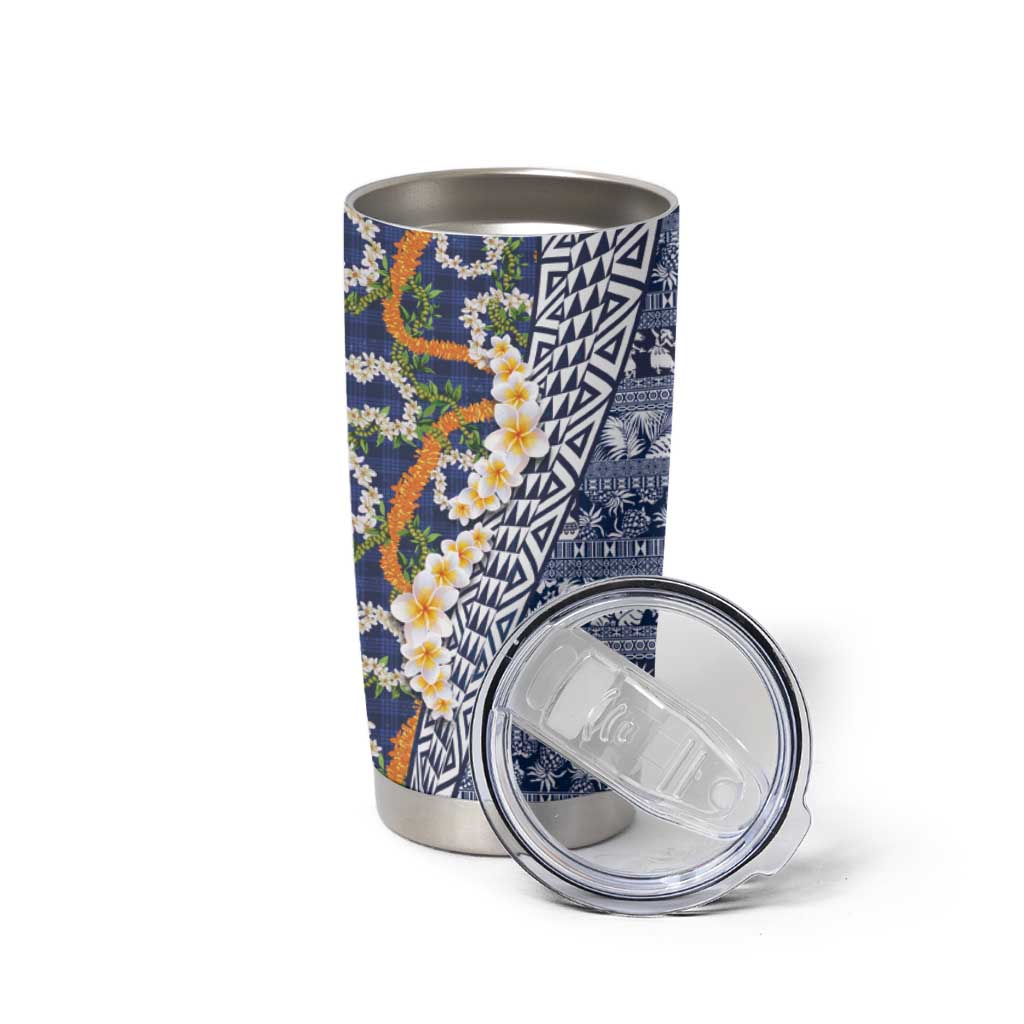 Hawaiian Plumeria Lei Tumbler Cup Kakau Motifs and Palaka Half Style Blue Color LT03 - Polynesian Pride