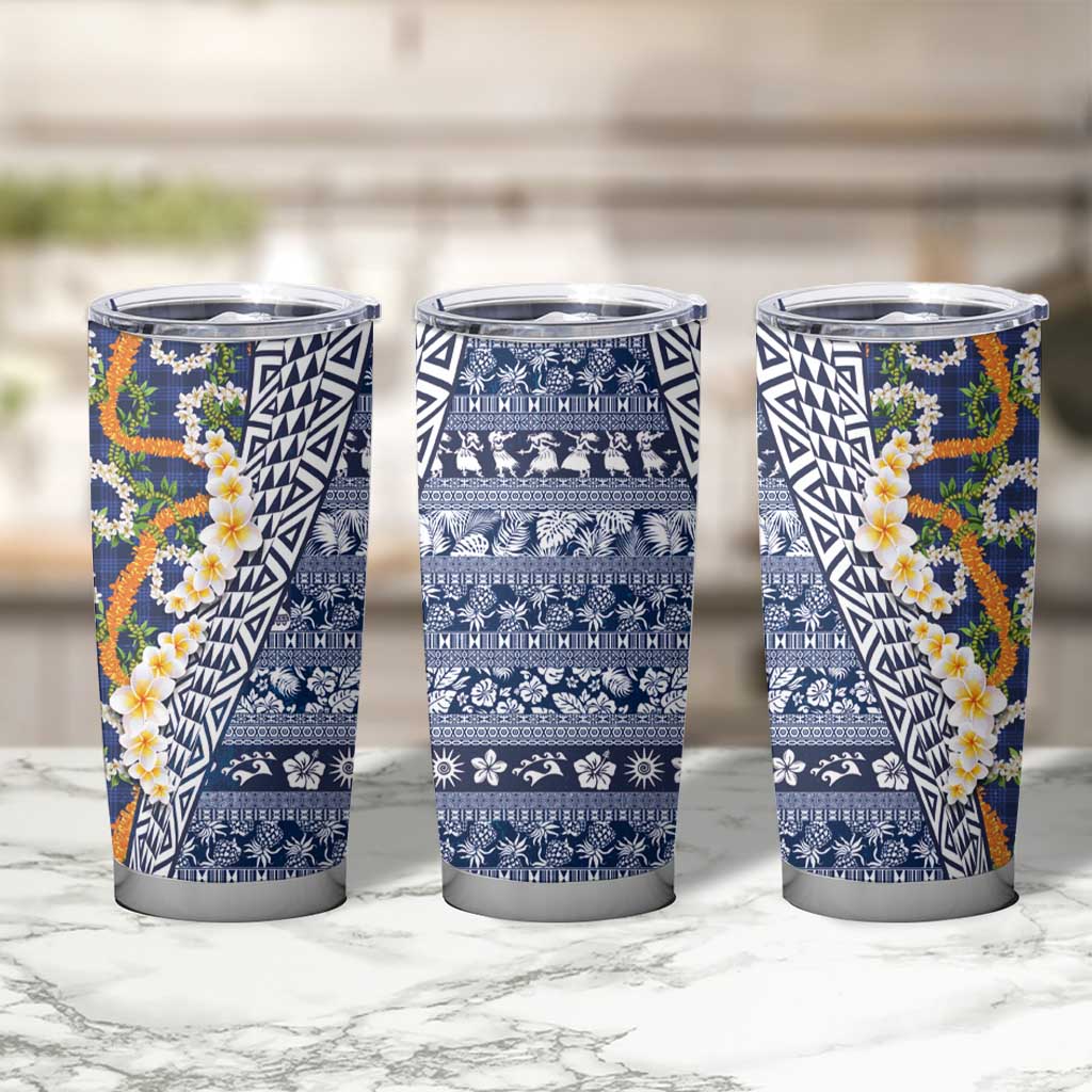 Hawaiian Plumeria Lei Tumbler Cup Kakau Motifs and Palaka Half Style Blue Color LT03 - Polynesian Pride