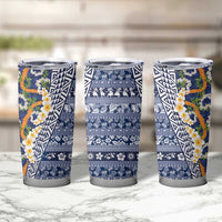 Hawaiian Plumeria Lei Tumbler Cup Kakau Motifs and Palaka Half Style Blue Color LT03 - Polynesian Pride
