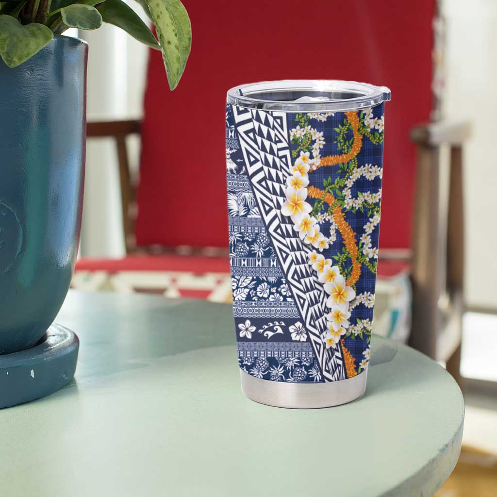 Hawaiian Plumeria Lei Tumbler Cup Kakau Motifs and Palaka Half Style Blue Color LT03 - Polynesian Pride