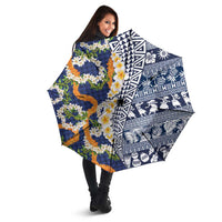 Hawaiian Plumeria Lei Umbrella Kakau Motifs and Palaka Half Style Blue Color LT03 - Polynesian Pride