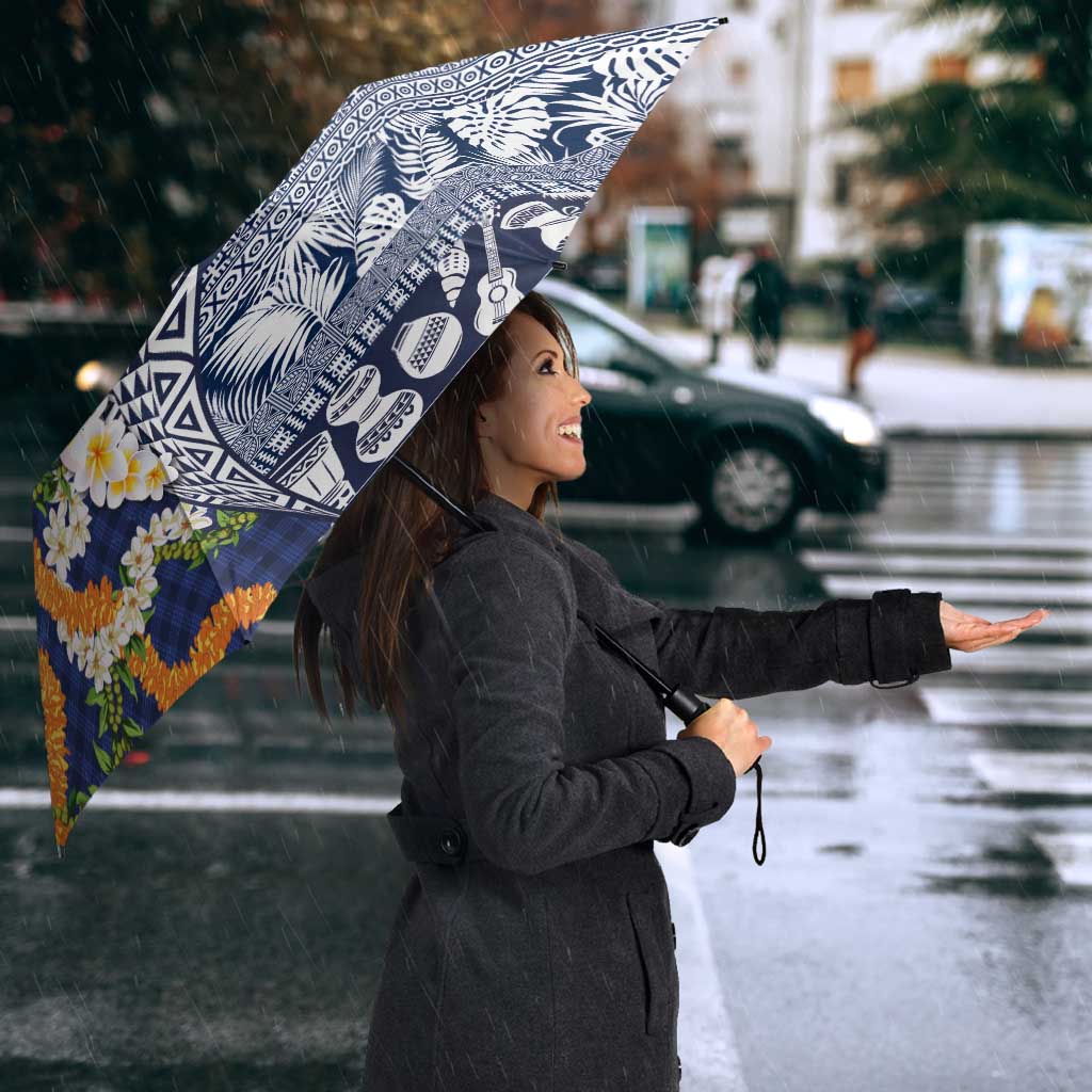 Hawaiian Plumeria Lei Umbrella Kakau Motifs and Palaka Half Style Blue Color LT03 - Polynesian Pride