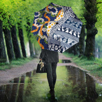 Hawaiian Plumeria Lei Umbrella Kakau Motifs and Palaka Half Style Blue Color LT03 - Polynesian Pride