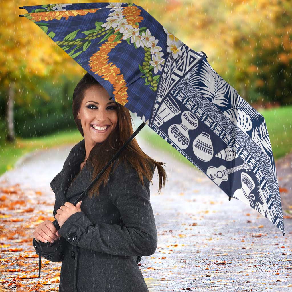 Hawaiian Plumeria Lei Umbrella Kakau Motifs and Palaka Half Style Blue Color LT03 - Polynesian Pride