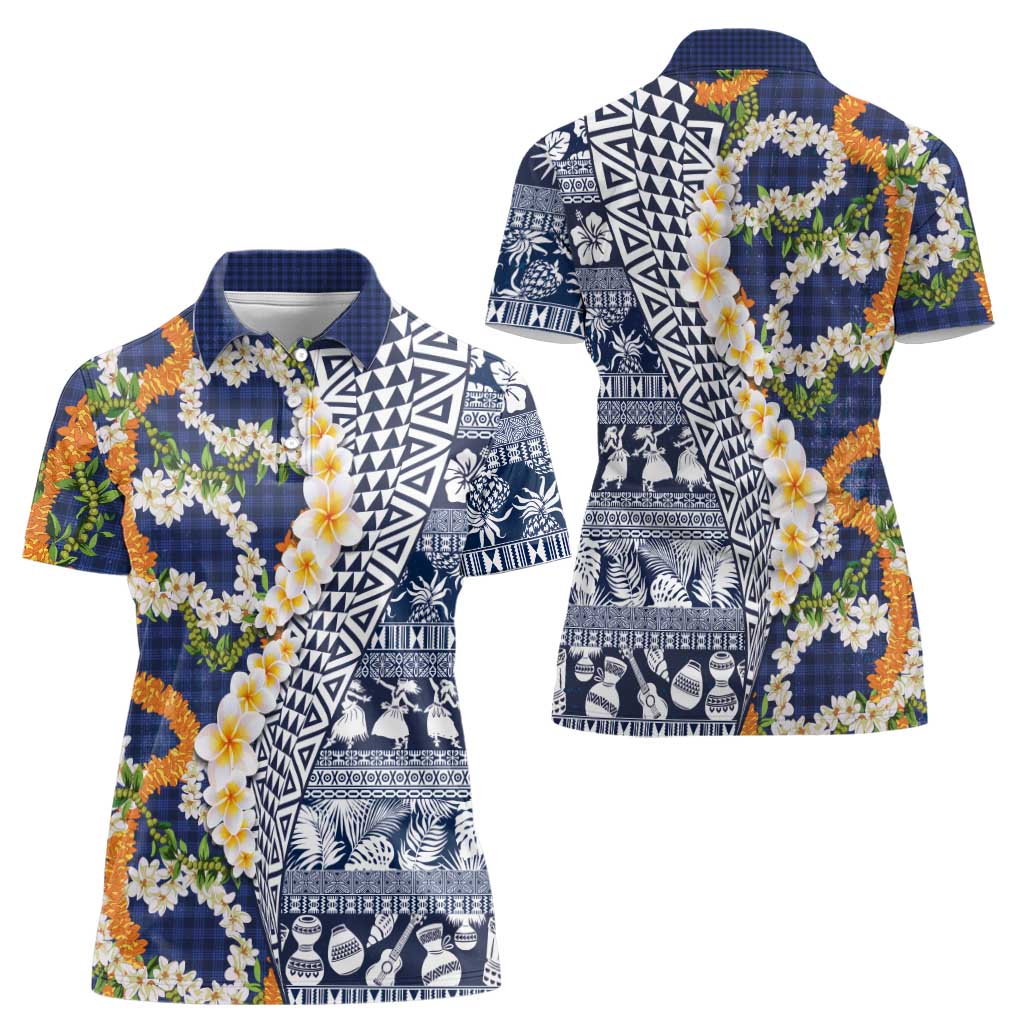 Hawaiian Plumeria Lei Women Polo Shirt Kakau Motifs and Palaka Half Style Blue Color - Polynesian Pride