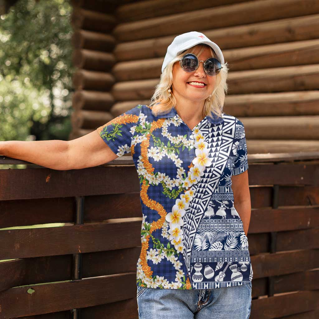 Hawaiian Plumeria Lei Women Polo Shirt Kakau Motifs and Palaka Half Style Blue Color - Polynesian Pride