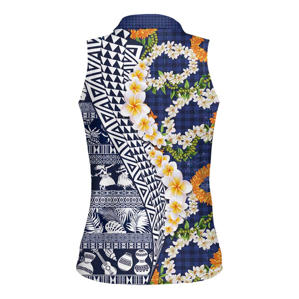Hawaiian Plumeria Lei Women Sleeveless Polo Shirt Kakau Motifs and Palaka Half Style Blue Color - Polynesian Pride