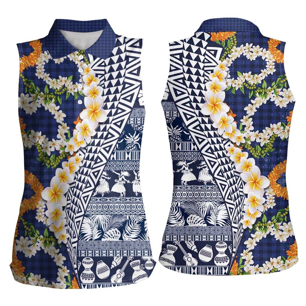 Hawaiian Plumeria Lei Women Sleeveless Polo Shirt Kakau Motifs and Palaka Half Style Blue Color - Polynesian Pride