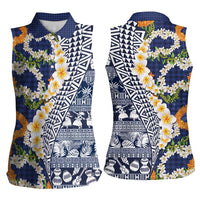 Hawaiian Plumeria Lei Women Sleeveless Polo Shirt Kakau Motifs and Palaka Half Style Blue Color - Polynesian Pride