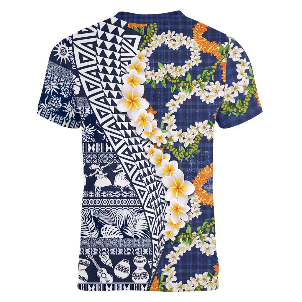 Hawaiian Plumeria Lei Women V-Neck T-Shirt Kakau Motifs and Palaka Half Style Blue Color - Polynesian Pride