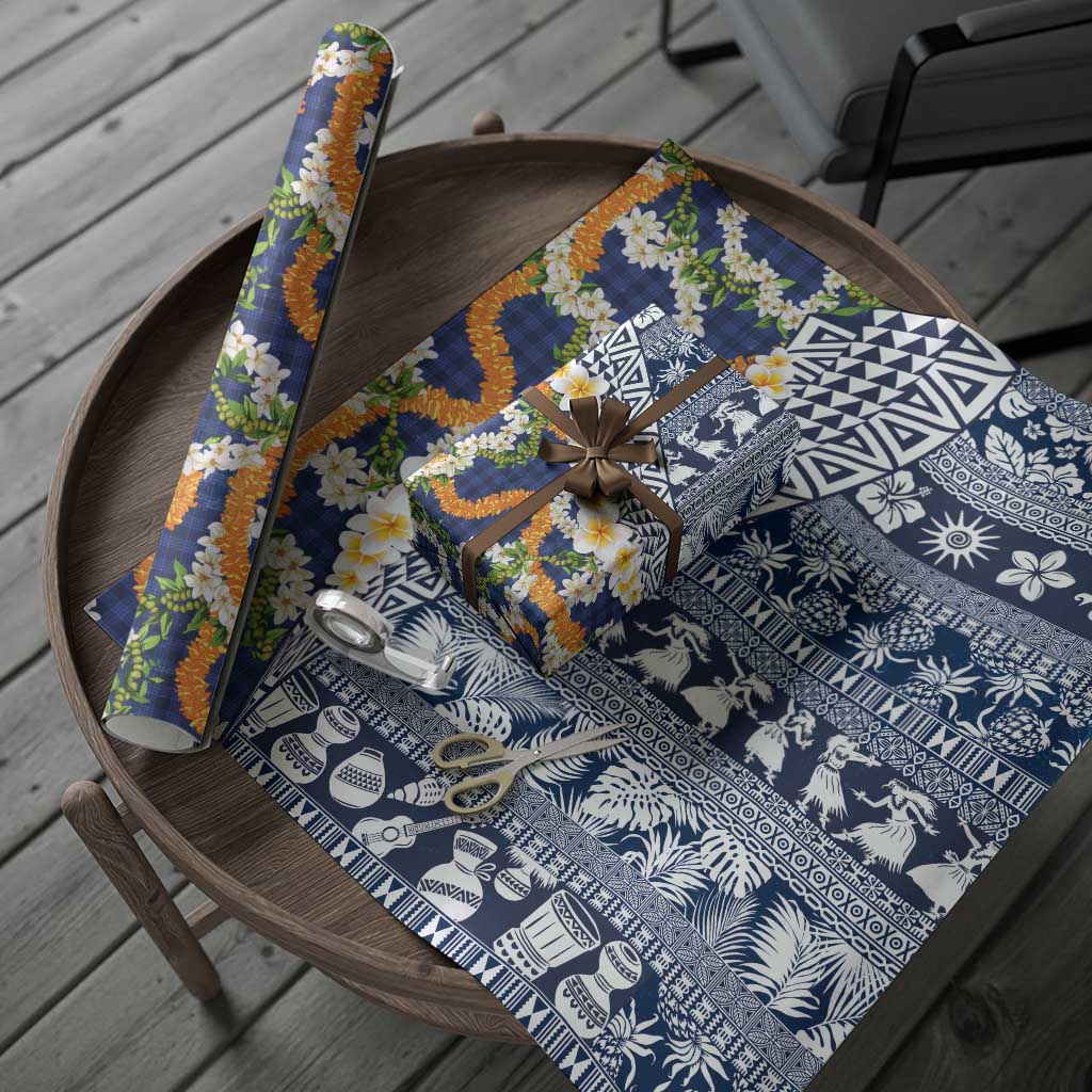 Hawaiian Plumeria Lei Wrapping Paper Kakau Motifs and Palaka Half Style Blue Color - Polynesian Pride