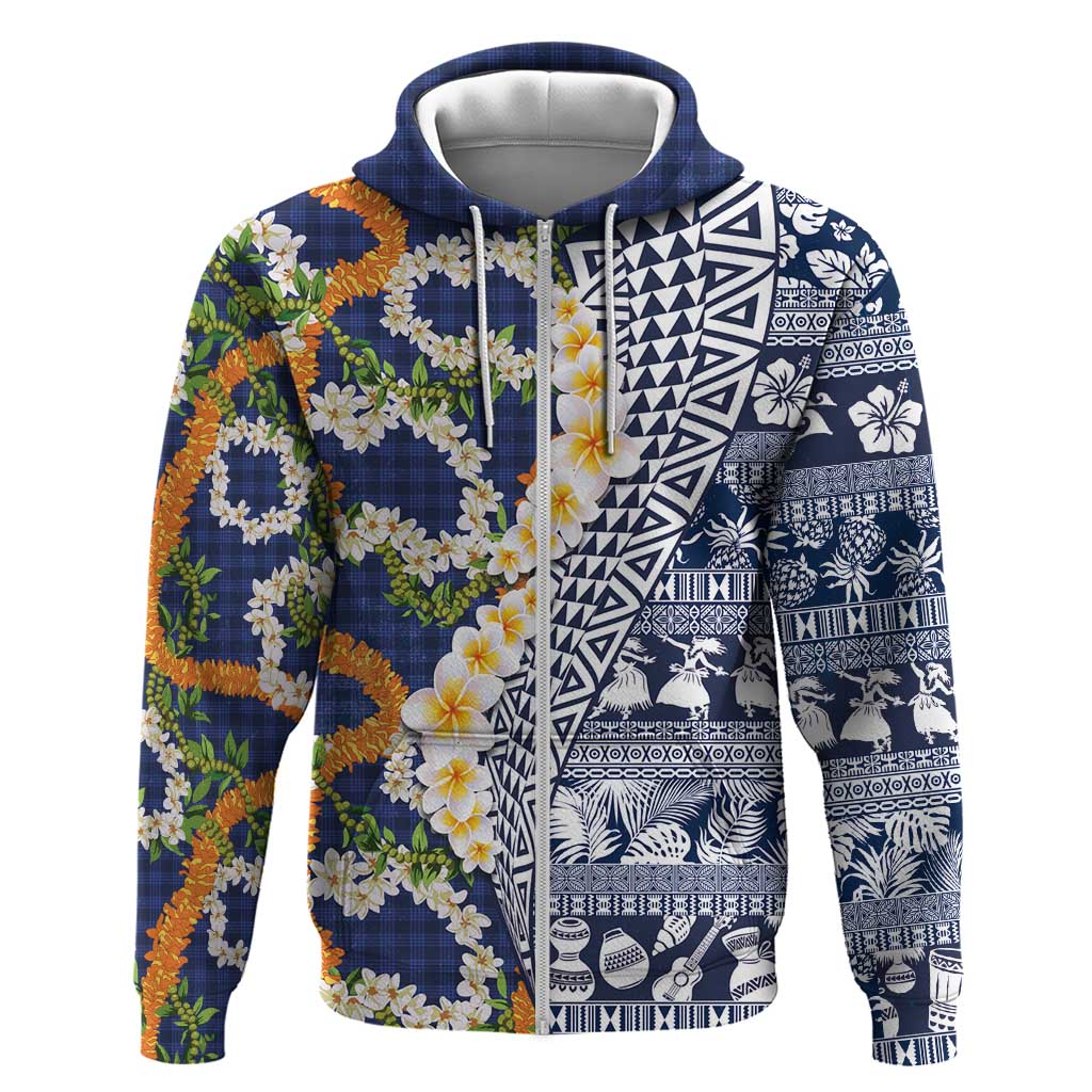 Hawaiian Plumeria Lei Zip Hoodie Kakau Motifs and Palaka Half Style Blue Color LT03 Zip Hoodie Blue - Polynesian Pride