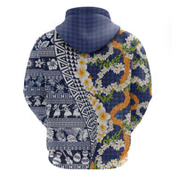 Hawaiian Plumeria Lei Zip Hoodie Kakau Motifs and Palaka Half Style Blue Color LT03 - Polynesian Pride