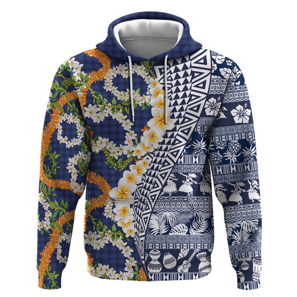 Hawaiian Plumeria Lei Zip Hoodie Kakau Motifs and Palaka Half Style Blue Color LT03 Pullover Hoodie Blue - Polynesian Pride
