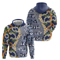 Hawaiian Plumeria Lei Zip Hoodie Kakau Motifs and Palaka Half Style Blue Color LT03 - Polynesian Pride
