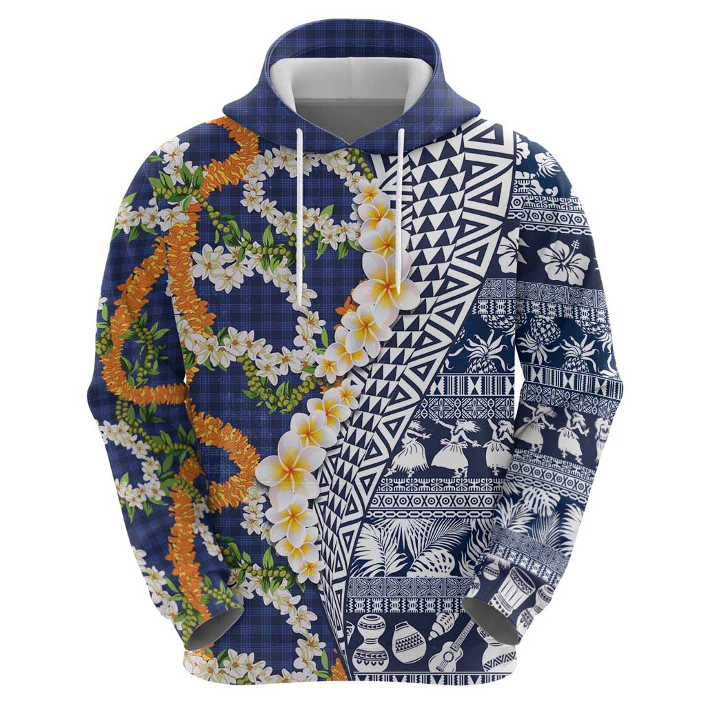Hawaiian Plumeria Lei Zip Hoodie Kakau Motifs and Palaka Half Style Blue Color LT03 - Polynesian Pride