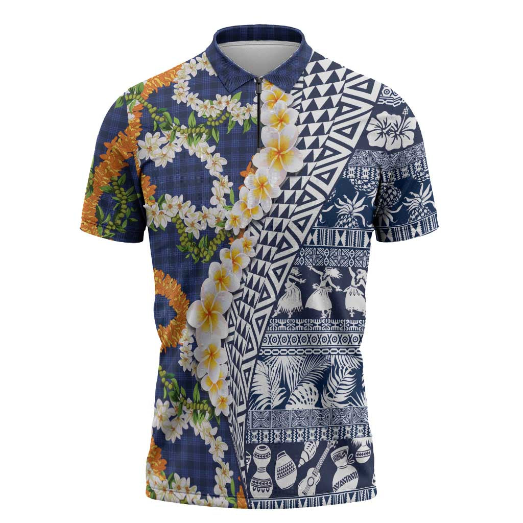 Hawaiian Plumeria Lei Zipper Polo Shirt Kakau Motifs and Palaka Half Style Blue Color - Polynesian Pride