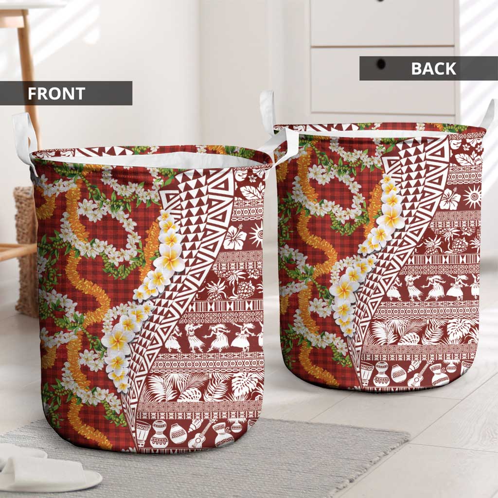 Hawaiian Plumeria Lei Laundry Basket Kakau Motifs and Palaka Half Style Red Color LT03 - Polynesian Pride