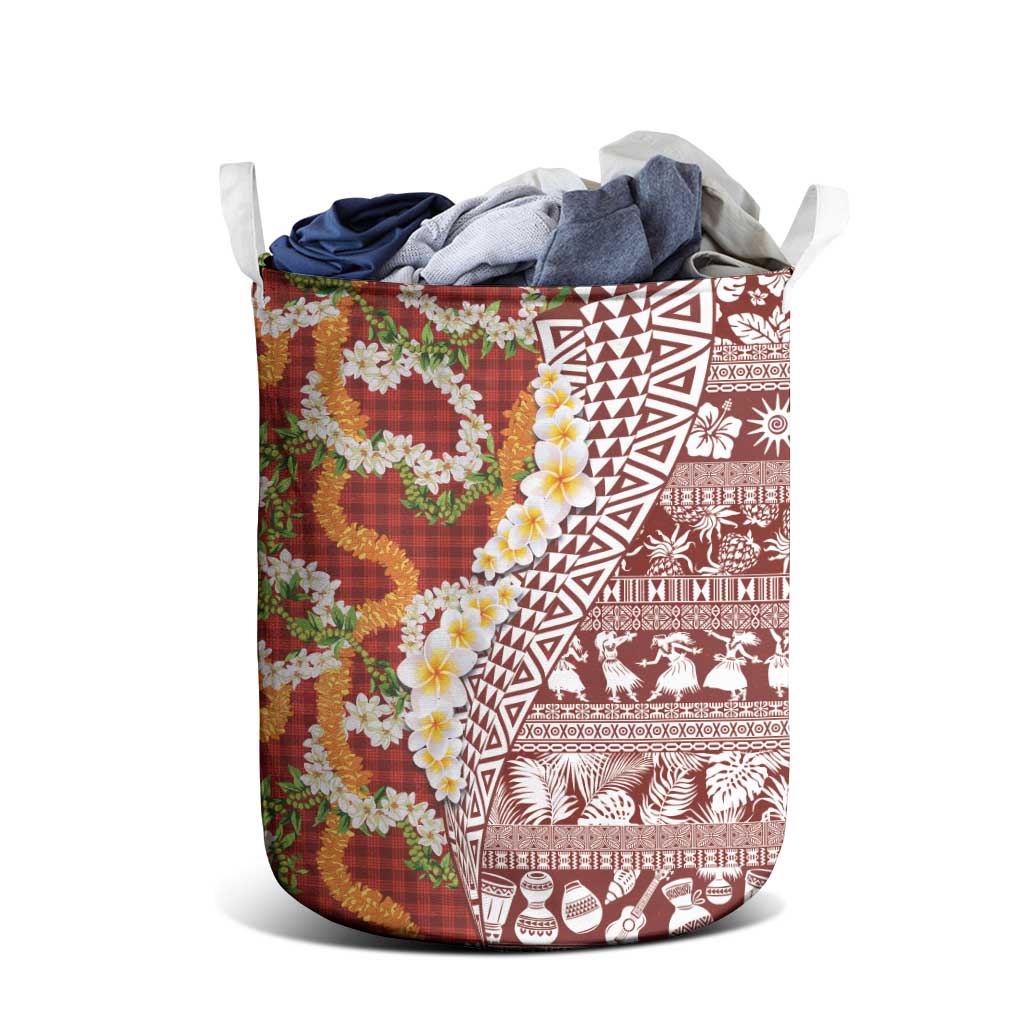 Hawaiian Plumeria Lei Laundry Basket Kakau Motifs and Palaka Half Style Red Color LT03 - Polynesian Pride