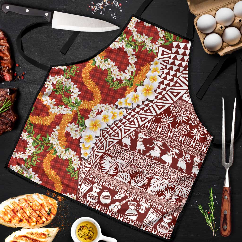 Hawaiian Plumeria Lei Apron Kakau Motifs and Palaka Half Style Red Color LT03 Red - Polynesian Pride