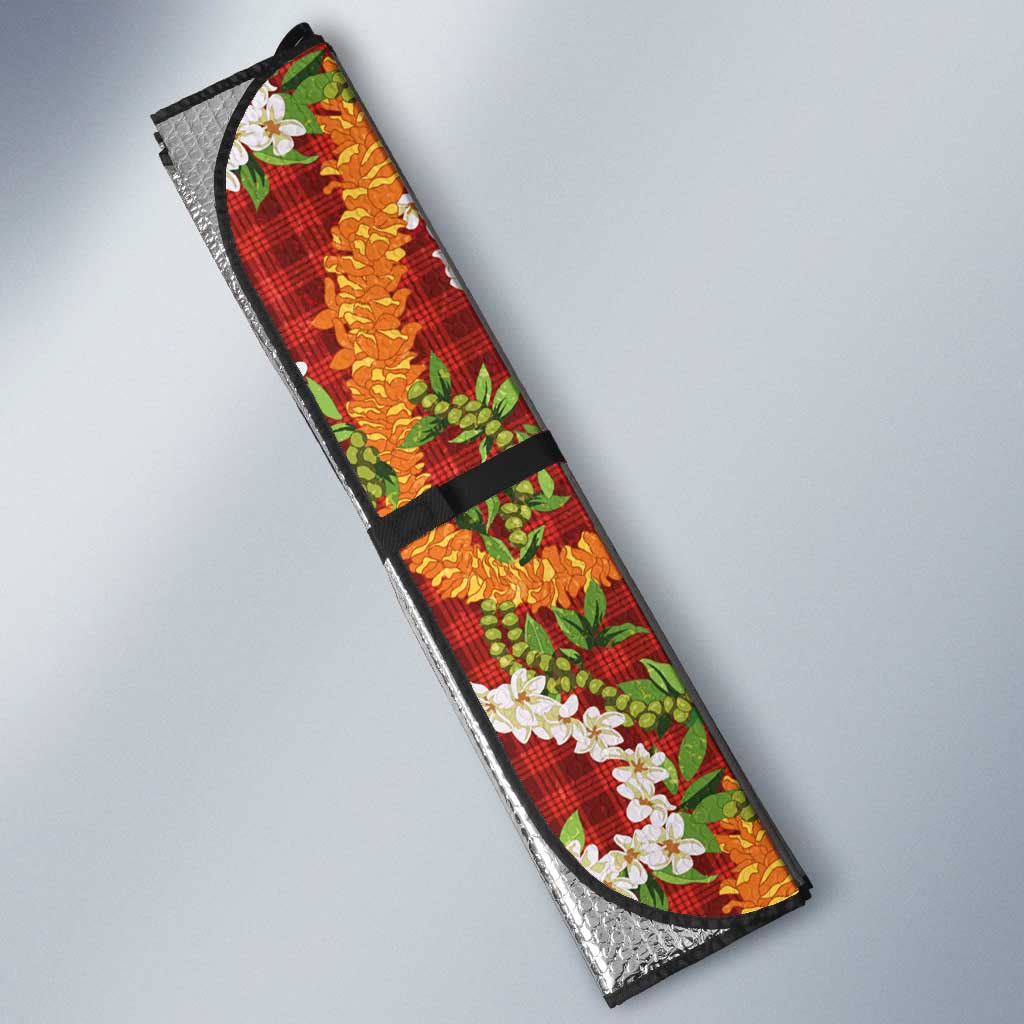 Hawaiian Plumeria Lei Auto Sun Shade Kakau Motifs and Palaka Half Style Red Color LT03 - Polynesian Pride