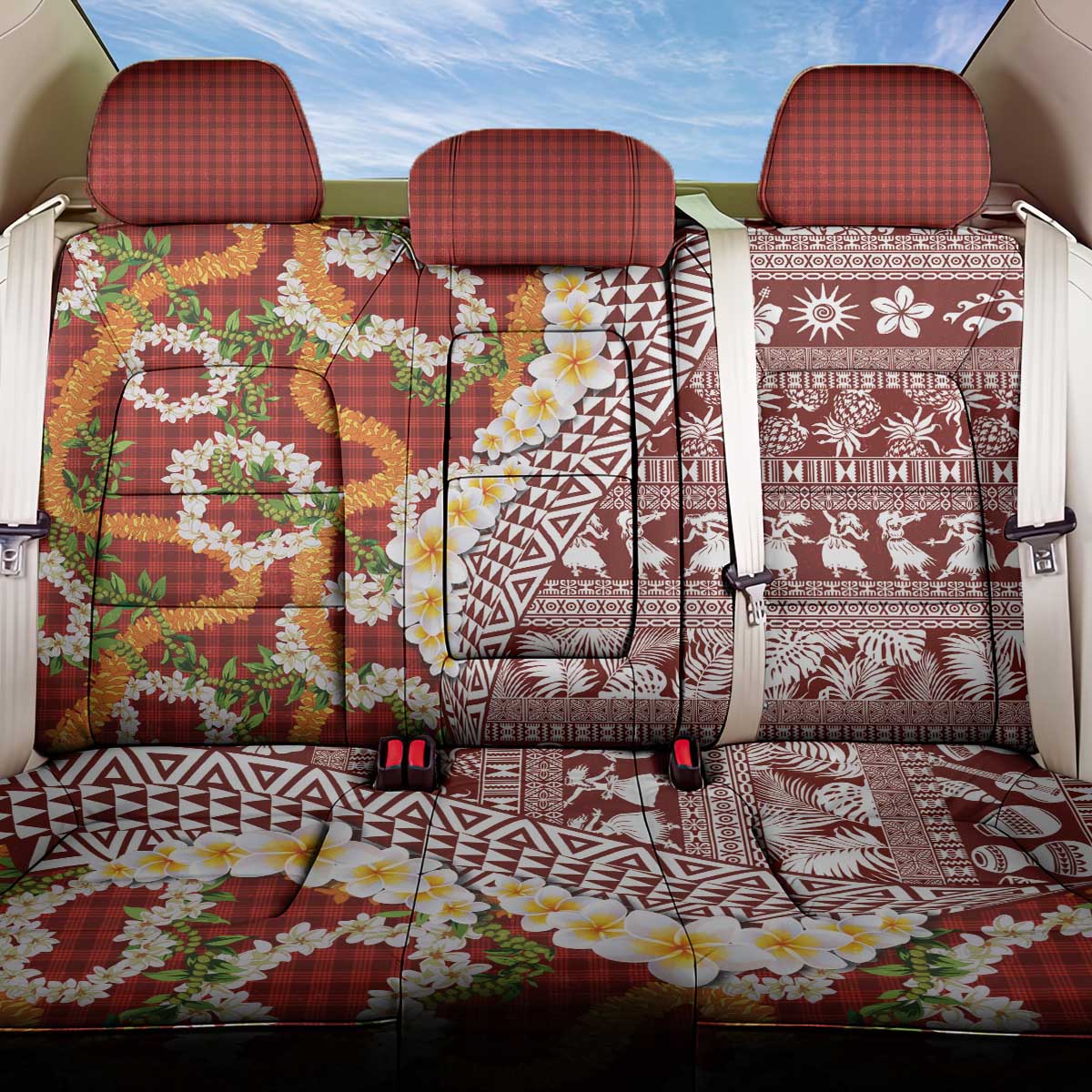 Hawaiian Plumeria Lei Back Car Seat Cover Kakau Motifs and Palaka Half Style Red Color LT03 One Size Red - Polynesian Pride