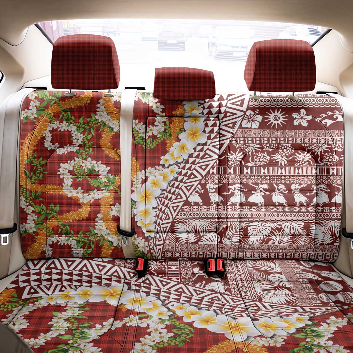 Hawaiian Plumeria Lei Back Car Seat Cover Kakau Motifs and Palaka Half Style Red Color LT03 - Polynesian Pride