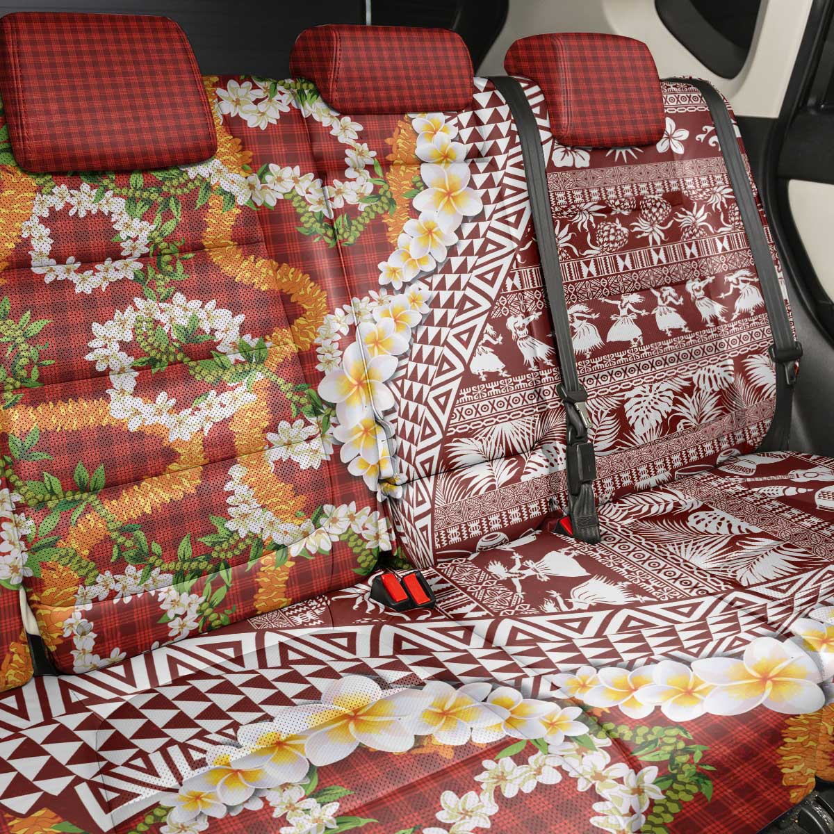 Hawaiian Plumeria Lei Back Car Seat Cover Kakau Motifs and Palaka Half Style Red Color LT03 - Polynesian Pride