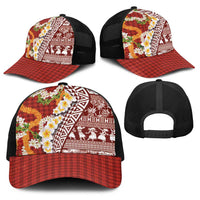 Hawaiian Plumeria Lei Baseball Net Cap Kakau Motifs and Palaka Half Style Red Color - Polynesian Pride