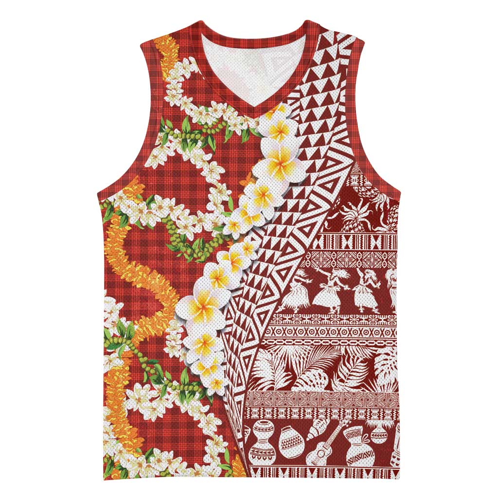 Hawaiian Plumeria Lei Basketball Jersey Kakau Motifs and Palaka Half Style Red Color LT03 Unisex Red - Polynesian Pride