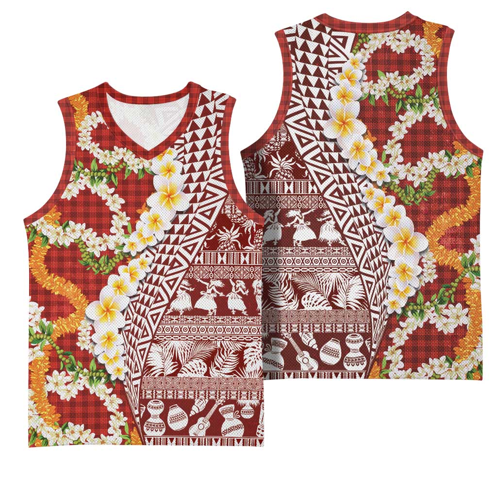 Hawaiian Plumeria Lei Basketball Jersey Kakau Motifs and Palaka Half Style Red Color LT03 - Polynesian Pride