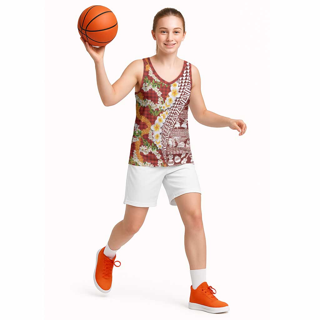 Hawaiian Plumeria Lei Basketball Jersey Kakau Motifs and Palaka Half Style Red Color LT03 - Polynesian Pride