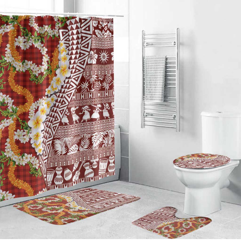 Hawaiian Plumeria Lei Bathroom Set Kakau Motifs and Palaka Half Style Red Color LT03 Bathroom Set (4 pcs) Red - Polynesian Pride