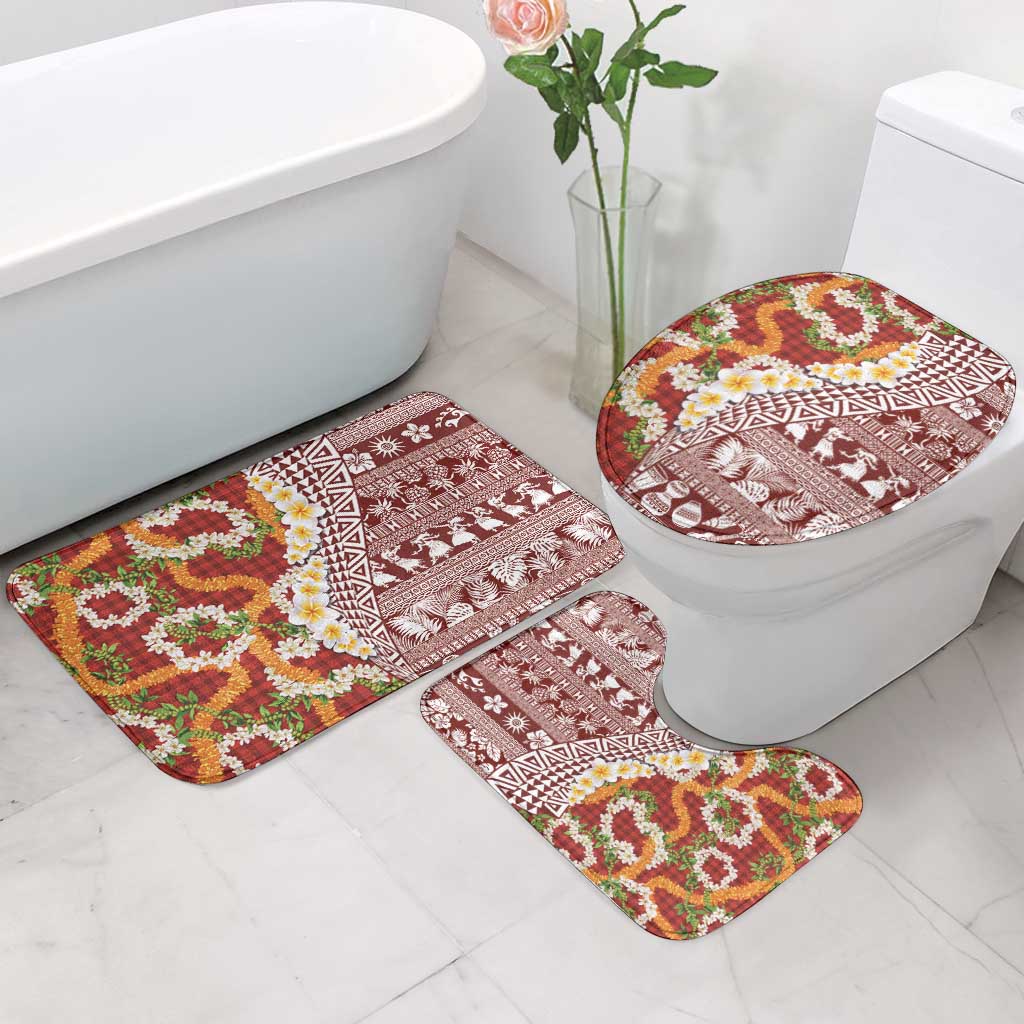 Hawaiian Plumeria Lei Bathroom Set Kakau Motifs and Palaka Half Style Red Color LT03 - Polynesian Pride