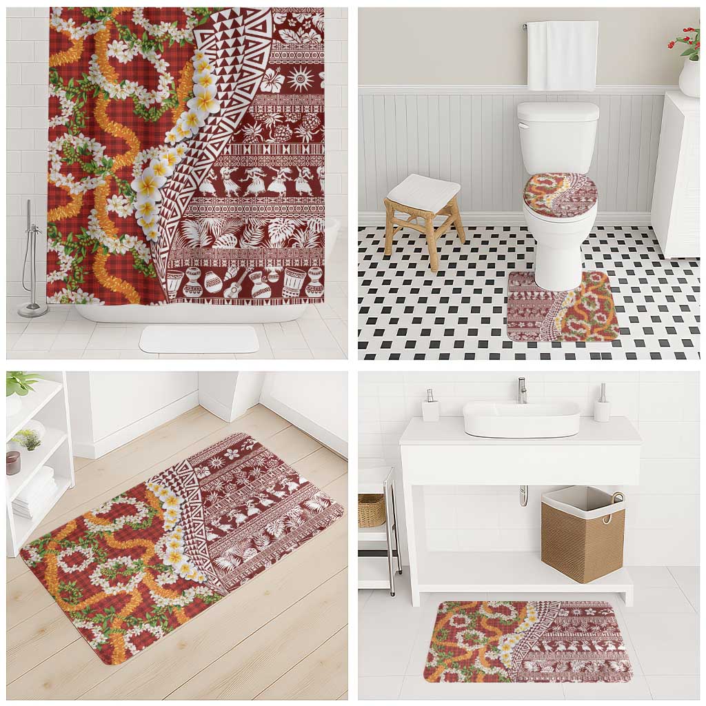 Hawaiian Plumeria Lei Bathroom Set Kakau Motifs and Palaka Half Style Red Color LT03 - Polynesian Pride