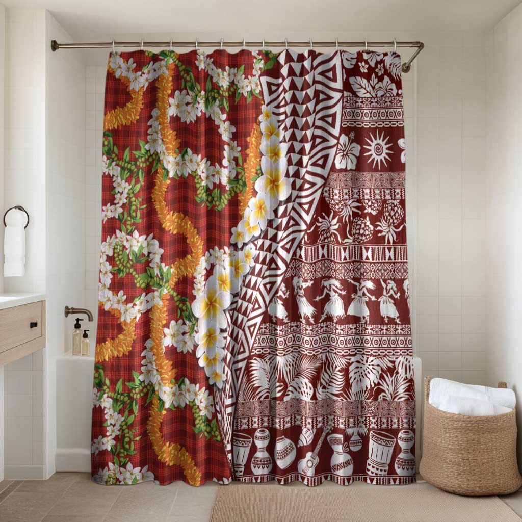 Hawaiian Plumeria Lei Bathroom Set Kakau Motifs and Palaka Half Style Red Color LT03 Shower Curtain Only Red - Polynesian Pride