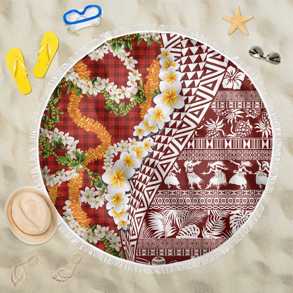Hawaiian Plumeria Lei Beach Blanket Kakau Motifs and Palaka Half Style Red Color LT03 One Size 150cm Red - Polynesian Pride